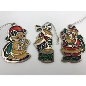 Set  3 Russ Berrie Vintage stained Glass ORNAMENTs Christmas Snowman Santa Drums